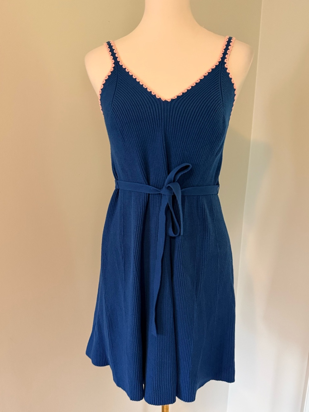 Boden Blue Rib Knit Sweater Dress Pink Crochet Trim Belted US 8